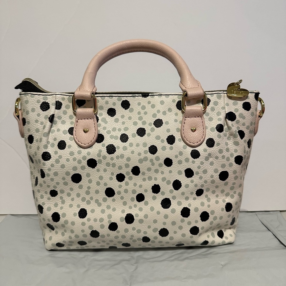Betsey Johnson Handbag Pink Black Polka Dots W/ Pompon Charm 9”‎ x 7” - Picture 2 of 5